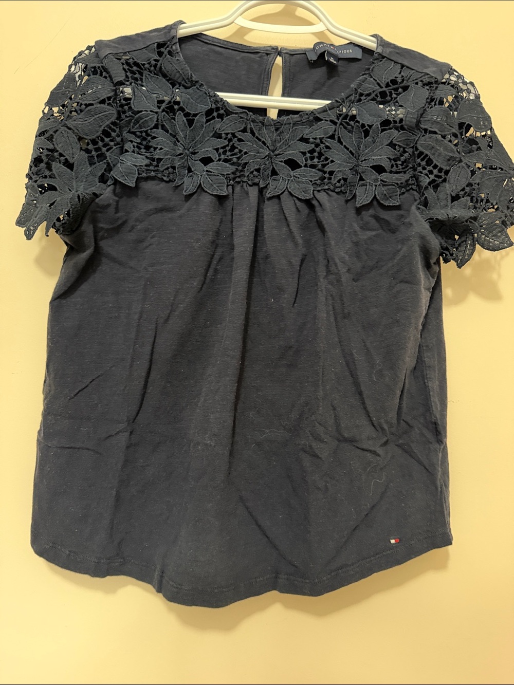 Tommy Hilfiger Dark Blue Floral Lace Yoke Short Sleeve Top